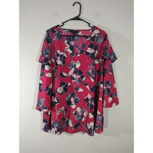 Lane Bryant Blouse‎ Woman Plus 14/16 Pink Blue Floral 3/4 Ruffle Sleeve Flowy